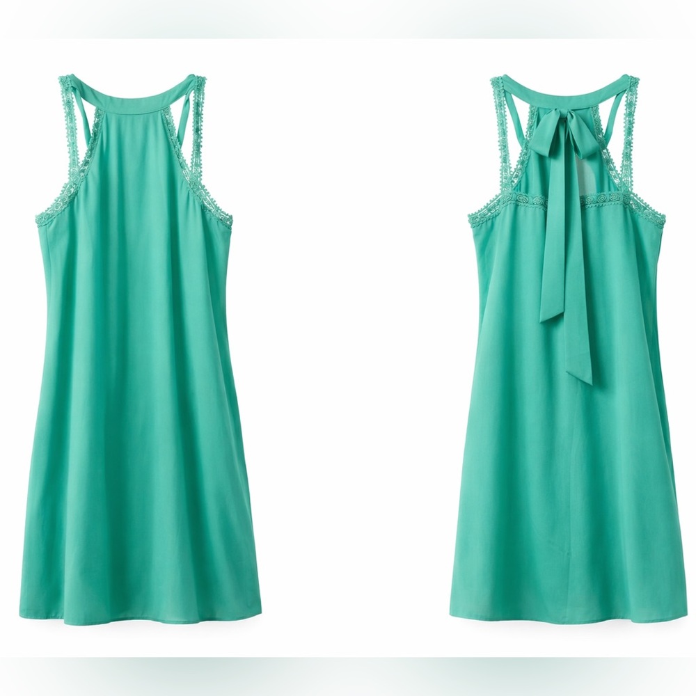 Teal Coquette Lace Trim Halter Top Dress